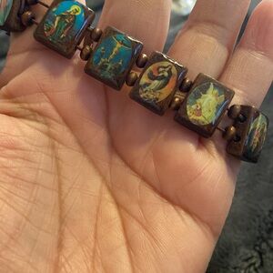 New Vintage Catholic Saint Bracelet Wooden Beaded Stretch Holy Religious Sacred